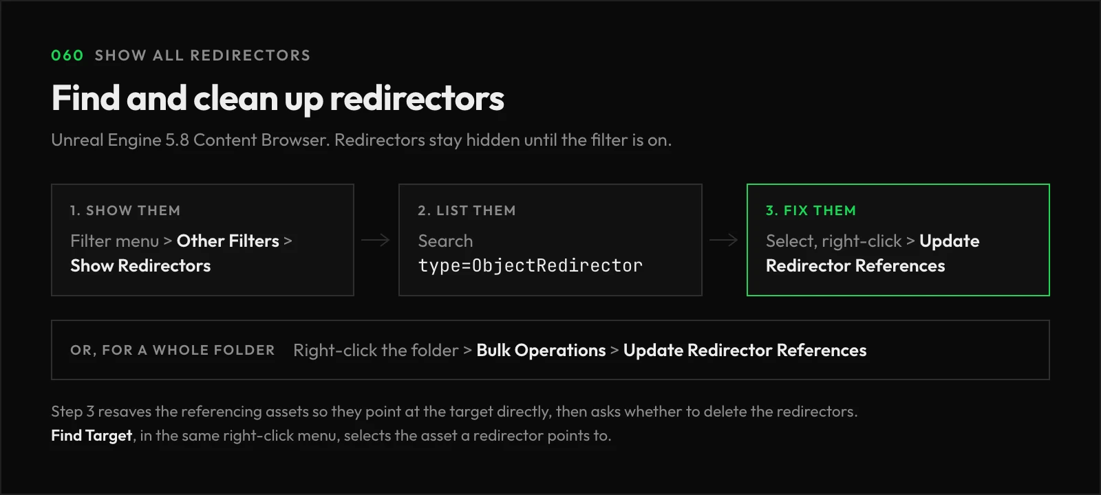Three steps to show, list, and fix redirectors, plus the folder-level Update Redirector References option